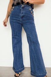Hazel Blues® | Ashleigh Blue Golden Button Detail Rolled Edge Flare Leg Jeans