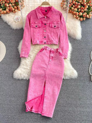 Hazel Blues® | Button Up Jacket and Slit Skirt Denim Set