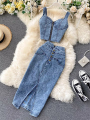 Hazel Blues® | Zipper Top & Button Slit Skirt Denim Set