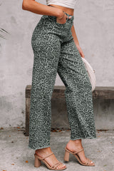Hazel Blues® | Gray Leopard Frayed Edge Wide Leg High Waist Jeans