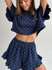 Hazel Blues® | Printed Crop Top and Ruffled Shorts Lounge Set