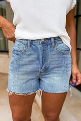 Hazel Blues® | Frayed Hem High-Waisted Denim Shorts