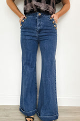 Hazel Blues® | Ashleigh Blue Golden Button Detail Rolled Edge Flare Leg Jeans