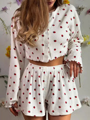 Hazel Blues® | Strawberry Print Button-Down Top and Shorts Lounge Set