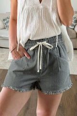 Hazel Blues® | Black Stripe Raw Edge Drawstring Elastic Waist Casual Denim Shorts