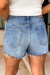Hazel Blues® | Frayed Hem High-Waisted Denim Shorts