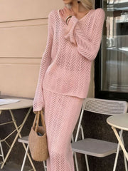Hazel Blues® | Openwork Long Sleeve Knit Top and Skirt Set