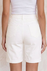 Hazel Blues® | White Solid Color Rolled Cuffs Denim Bermuda Shorts