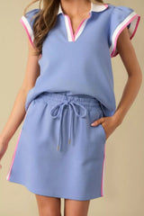 Hazel Blues® | Striped Trim V Neck Polo Tee Drawstring Skirt Set