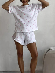 Hazel Blues® | Ribbed Knit Bow Print Top and Shorts Lounge Set