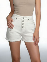Hazel Blues® | High-Waisted Button-Fly Distressed Denim Shorts