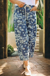 Hazel Blues® | Dainty Floral Printed Drawstring Barrel Jeans