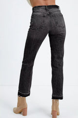 Hazel Blues® | High-Waisted Distressed Hem Straight Leg Jeans