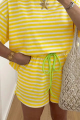 Hazel Blues® | Stripe Contrast Neck Loose Tee and Drawstring Shorts Set