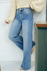 Hazel Blues® | Distressed Detail Tummy Control Raw Hem Jeans