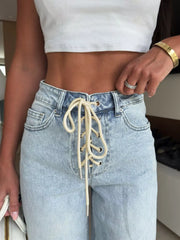 Hazel Blues® | Lace-Up High-Waisted Wide Leg Jeans