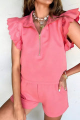 Hazel Blues® | Half Zipped Ruffled Top and Shorts Set