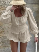 Hazel Blues® | Button Front Lantern Sleeve Top and Shorts Set
