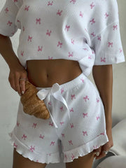 Hazel Blues® | Ribbed Knit Bow Print Top and Shorts Lounge Set