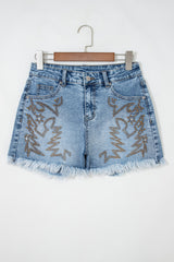 Hazel Blues® | Dusk Blue Western Embroidery Stud Denim Shorts Summer Daily Wear