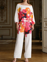 Hazel Blues® | Floral Print Off-Shoulder Top and Pants Set