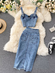 Hazel Blues® | Zipper Top & Button Slit Skirt Denim Set