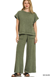 Hazel Blues® | Zenana Washed Slub Short Sleeve Tee & Long Pants Set