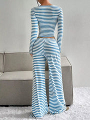 Hazel Blues® | Striped Long Sleeve Crop Top & Wide Leg Pants Set