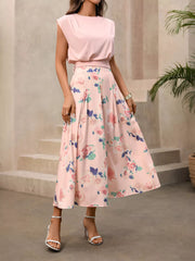 Hazel Blues® | Round Neck Top and Floral Print Skirt Two-Piece Set