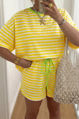 Hazel Blues® | Stripe Contrast Neck Loose Tee and Drawstring Shorts Set