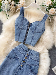 Hazel Blues® | Zipper Top & Button Slit Skirt Denim Set