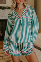 Hazel Blues® | Stripe Contrast Ricrac Trim Long Sleeve Shirt Drawstring Ruffled Pajama Short Set