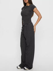 Hazel Blues® | Striped Button-Down Top and Wide-Leg Pants Set