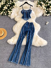 Hazel Blues® | Raw Hem Denim Cami and Flare Jeans Set