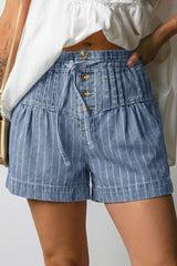 Hazel Blues® | Sky Blue Stripe Drawstring Button Pleated High Waist Denim Shorts