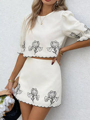 Hazel Blues® | Floral Scallop Trim Top and Skirt Two-Piece Set