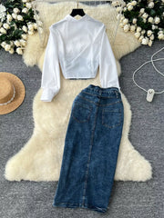 Hazel Blues® | Frayed Denim Patchwork Top & Slit Maxi Skirt Denim Set