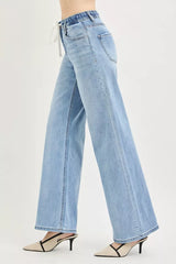 Hazel Blues® | RISEN Elastic Band Slouchy Wide Jeans with Drawstring