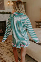 Hazel Blues® | Stripe Contrast Ricrac Trim Long Sleeve Shirt Drawstring Ruffled Pajama Short Set