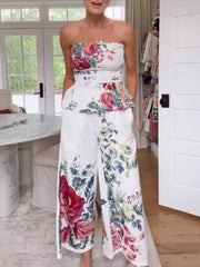Hazel Blues® | Floral Print Strapless Top and Wide-Leg Pants Set