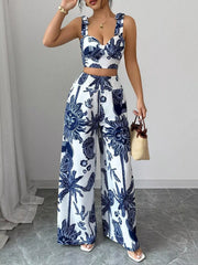 Hazel Blues® | Floral Print Crop Top and Wide Leg Pants Set
