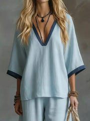 Hazel Blues® | Contrast Trim V-Neck Top and Pants Set