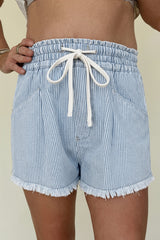 Hazel Blues® | Black Stripe Raw Edge Drawstring Elastic Waist Casual Denim Shorts
