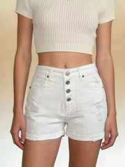 Hazel Blues® | High-Waisted Button-Fly Distressed Denim Shorts
