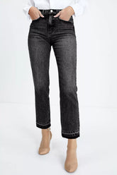 Hazel Blues® | High-Waisted Distressed Hem Straight Leg Jeans