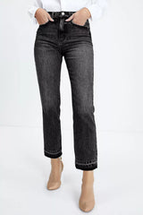 Hazel Blues® | High-Waisted Distressed Hem Straight Leg Jeans
