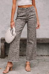 Hazel Blues® | Gray Leopard Frayed Edge Wide Leg High Waist Jeans