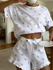 Hazel Blues® | Ribbed Knit Bow Print Top and Shorts Lounge Set