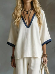 Hazel Blues® | Contrast Trim V-Neck Top and Pants Set