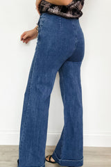 Hazel Blues® | Ashleigh Blue Golden Button Detail Rolled Edge Flare Leg Jeans